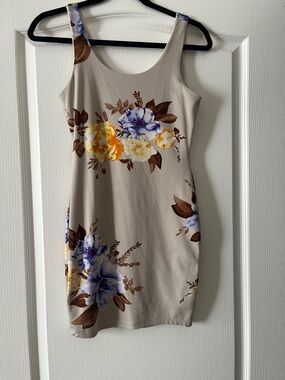 iris Beige Mini Dress with Blue, Yellow & Brown Floral Print